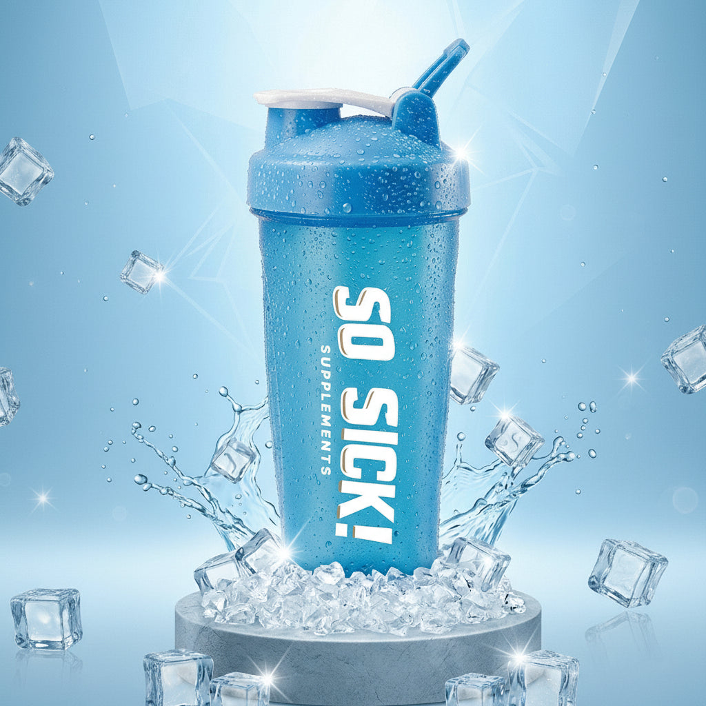 Blue 'SO SICK!' supplement shaker bottle with ice cubes on a light blue background